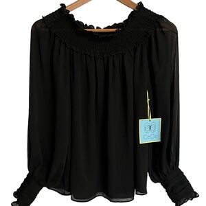Cece Women’s Long Sleeve Chiffon Smocked Off-The-Shoulder Blouse Size S NWT